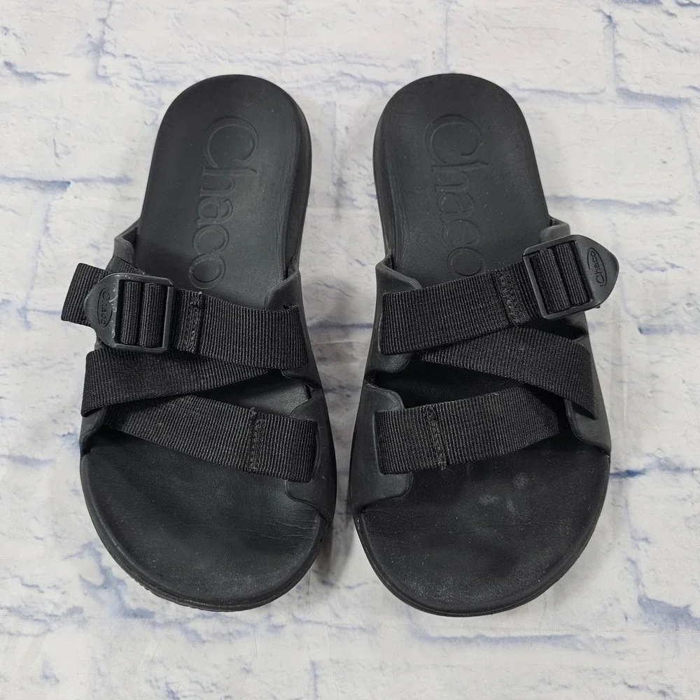 Chaco Chillos Slide Sandals Mens 9 Black Adjustable Straps LUVSEAT Footbed